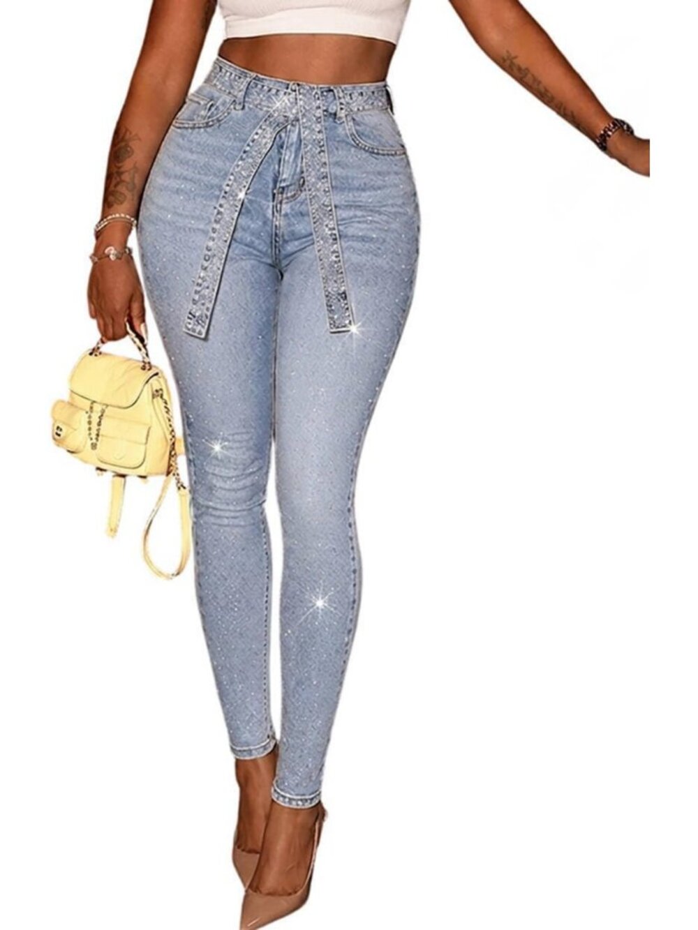 Stylish High Waisted Rhinestone Skinny Jeans - Light Blue Stretchy Denim Pants